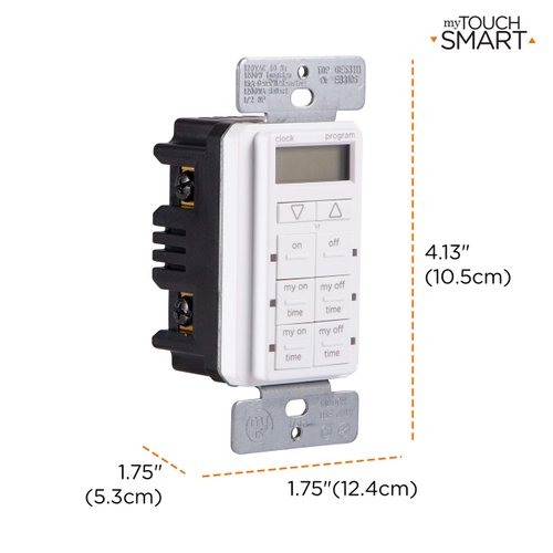 myTouchSmart In-Wall Digital Timer, 4 Programmable On/Off Buttons, 2 Easy On/Off Buttons, 24 Hour Daily Cycles, Blue LED Indicators, with Battery Backup, for Indoor/Outdoor Lights, Fans, 26893