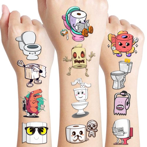 106 PCS Cute Funny World Toilet Day Toilet Paper Temporary Tattoos Sticker Funny Birthday Halloween Party Decorations Supplies Favors Gifts Baby Shower Boys Girls Cute Fake Tattoo School Reward Themed