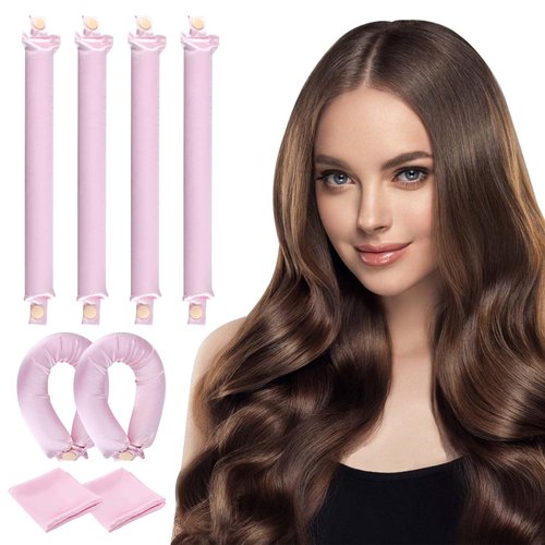 Senprity Heatless Curlers, 4 pcs XL Satin Flexi Rods for Heatless Hair Curler, Soft Heatless Curls Overnight with Hair Caps, Flexible Heatless Curling Rod for Most Hair Types, Hair Styling (Pink)