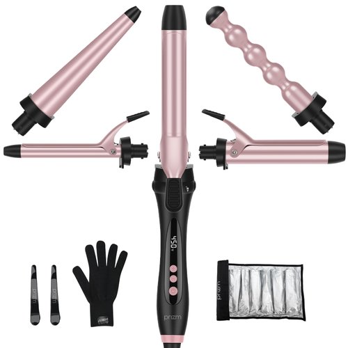Prizm Curling Iron Set with Clamp,5 Interchangeable Barrel Curling Wand,Hair Wand 11 LCD Adjustable Temp,0.6 to 1.25 Inch,Bubble Wand,Tapered Curling Iron Travel Dual Voltage Rose Pink