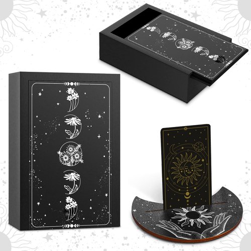 Wooden Tarot Card Case and Wooden Tarot Card Stand Holder, Tarot Cards Box Fortune Telling Trinket Keepsake Box with Pendulum Board Moon Shape Tarot Card Altar Display Stand for Witch (Novel Style)