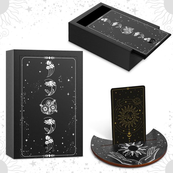 Wooden Tarot Card Case and Wooden Tarot Card Stand Holder, Tarot Cards Box Fortune Telling Trinket Keepsake Box with Pendulum Board Moon Shape Tarot Card Altar Display Stand for Witch (Novel Style)