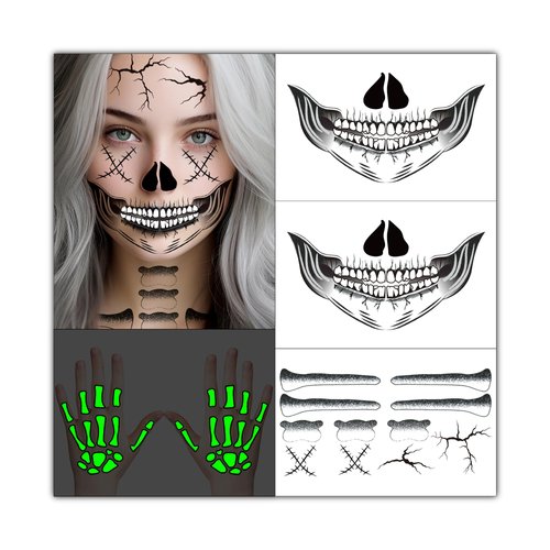 U-Goforst 2X Skeleton Face Tattoo, Skeleton Hand Tattoo Glow in The Dark, Skull Halloween Face Tattoos Hand Bones Temporary Tattoos Sticker, Classic Skeleton Makeup for Women Men Adult