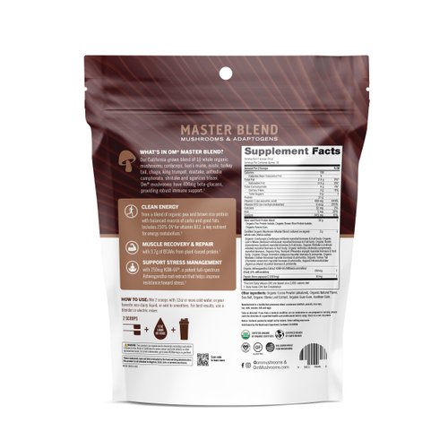 Om Mushroom Superfood Master Blend Plant-Based Protein Powder, 19.26 Ounce, 14 Servings, Creamy Chocolate Protein with 10 Mushroom Complex, Lions Mane, Adaptogens for Optimal Health and Recovery