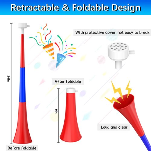 Collapsible Stadium Horn Noise Maker 24 Inch Vuvuzela Stadium Horn Plastic Trumpet Horn Blow Horns Noisemakers for Sporting Events Graduation Games School Sports Party Supplies Favors Accessories
