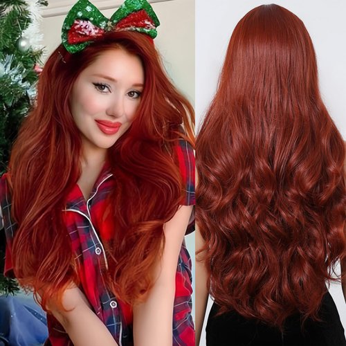 testar Copper Wig for White Women Lace Hairline Auburn Wigs Middle Part Red Wigs Burgundy Wigs Reddish Brown Wig Long Wavy Synthetic Wigs for Cosplay 26IN