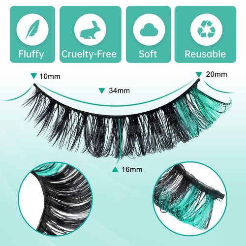 Suhome Colored Lashes Fluffy Russian Strip Lashes with Color Wispy D Curl Colored Eyelashes 5 Pairs Pack (Green)