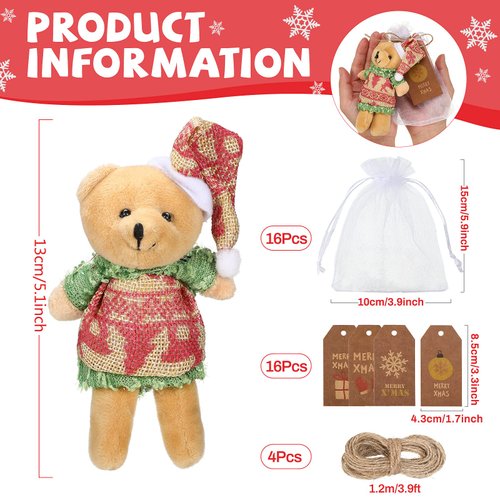 HyDren 48 Pcs Christmas Small Bear Gifts 16 Sets 5.1 Inch Mini Stuffed Plush Bears Doll Xmas Tags with Organza Bags for Christmas Party Favors Xmas Tree Ornaments Decorations Stocking Fillers