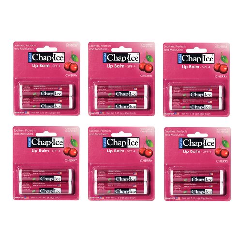 Chap-Ice® | Cherry Moisturizing Lip Balm with Sunscreen and Mineral Oil | Lip Balm Pack for Dry, Cracked Lips | Made in USA | 12-Count Cherry Flavor, SPF-4 (0.15oz/4.25g)
