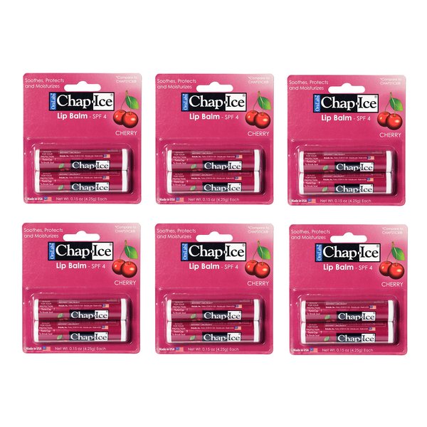 Chap-Ice® | Cherry Moisturizing Lip Balm with Sunscreen and Mineral Oil | Lip Balm Pack for Dry, Cracked Lips | Made in USA | 12-Count Cherry Flavor, SPF-4 (0.15oz/4.25g)