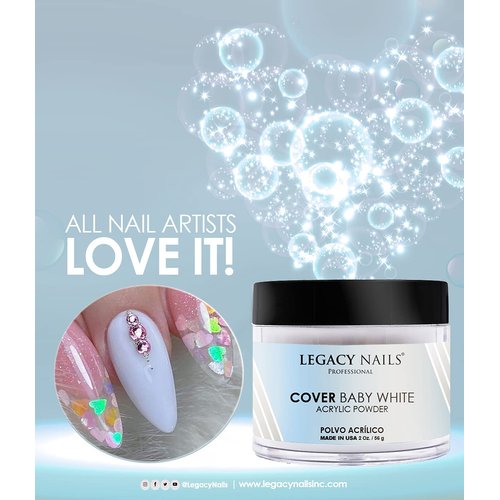 Legacy Nails Professional Cover BABY WHITE Acrylic Powder, 2 ounces - Ideal For French Nail Art, Create Nail Art, Nail Extension That Provide a Healthy, Natural Look To Nails