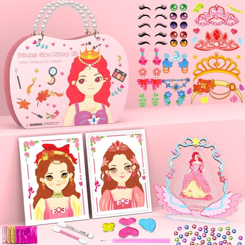 Arts and Crafts for Kids Ages 8-12, 5 In 1 Kids Makeup Sets for Girls 5-8, Princess Makeup, Dress Up, Foil Fun, Diamond Art with Princess Show Stand, Birthday Gifts for Girls Ages 4 5 6 7 8 9 10 11 12