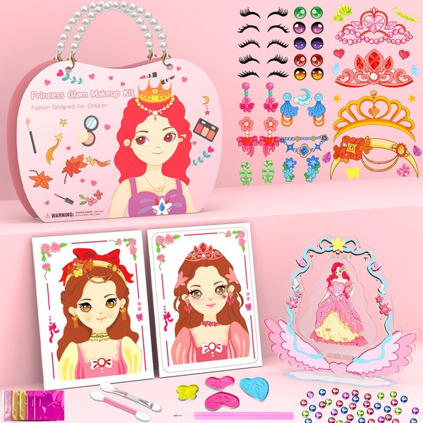 Arts and Crafts for Kids Ages 8-12, 5 In 1 Kids Makeup Sets for Girls 5-8, Princess Makeup, Dress Up, Foil Fun, Diamond Art with Princess Show Stand, Birthday Gifts for Girls Ages 4 5 6 7 8 9 10 11 12