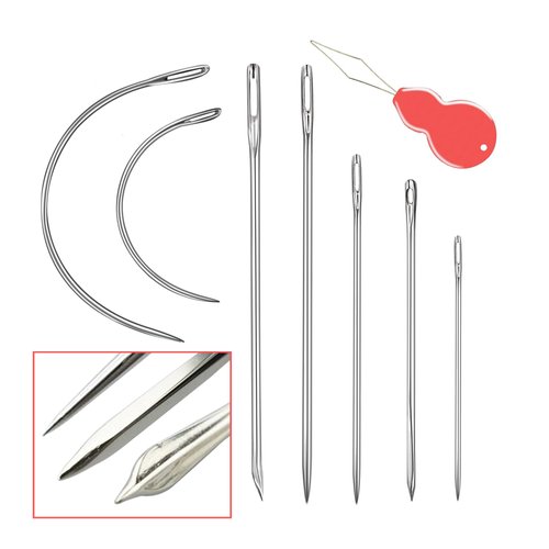 Pikdmin Professional Leather Needles Kit for Hand Sewing with Different Types for Your Projects with 5 Leather Hand Quilting Needle 2 Curved Needle and 1 pcs Needle threaders for Home Upholstery