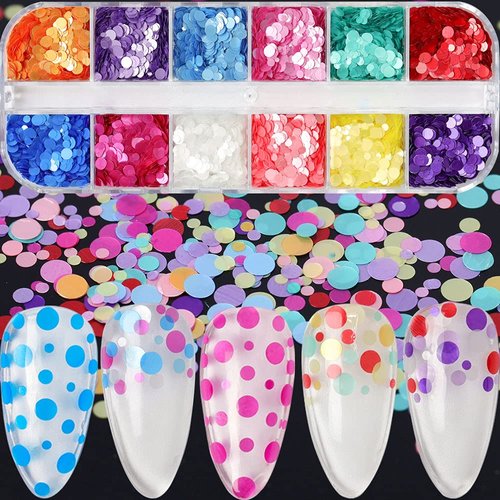 12 Colors Round Nail Glitter Sequins Circle Nail Art Supplies 3D Holographic Flake Metallic Round Shaped Nail Design for Women DIY Nails Decorations
