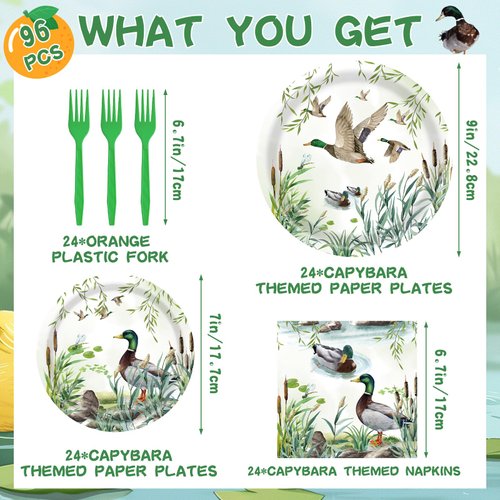 One Lucky Duck Party Supplies - 96PCS Mallard Duck Plates and Napkins Tableware Set Includes 9'' Plates 7'' Plates Napkins Forks Duck Hunting Themed Baby Shower Party Supplies Serves 24 Guests