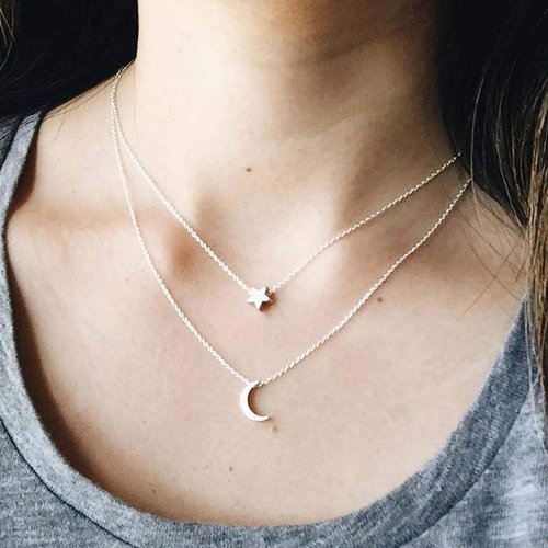 Chicque Bohemian Layered Necklace Moon Star Necklace Chain Long Pendant Necklaces Jewelry for Women and Girls (Silver)
