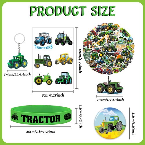 98 PCS Tractor Party Favors Tractor Theme Birthday Party Supplies Decorations Tractor Rubber Bracelet Tattoos Keychains Button Pin Tractor Stickers for Boys Girls Farm Tractor Birthday Theme Party