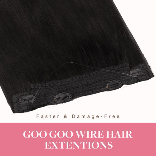 GOO GOO Wire Hair Extensions Human Hair, 1B Natural black Natural 14inch 75g, Invisible Wire Hair Extensions with Transparent, Seamless Fish Line Hairpiece