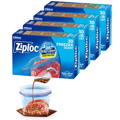 Ziploc Quart Food Storage Freezer Bags, Stay Open Design with Stand-Up Bottom, Easy to Fill, 120 Bags Total