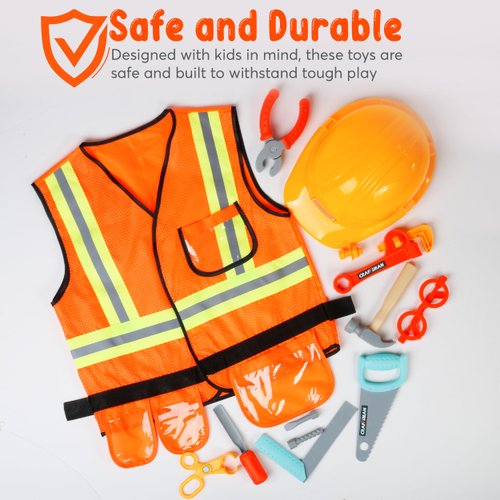 Cosmic Chameleon Kids Construction Toys- 13Pcs Pretend Play Toys Set with Kids Construction Hat, Vest & More- Kids Tool Set for Boys & Girls- Halloween Kids Construction Worker Costume, Birthday Gift