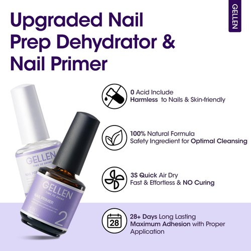 Gellen Nail Dehydrator and Primer, Hema-free & Acid-Free Nail Prep Dehydrate and Bond Primer for Long-lasting Acrylic Powder UV Gel Polish Press-on Nails Adhesion Fast Air Dry Nail Art Must Have Kit