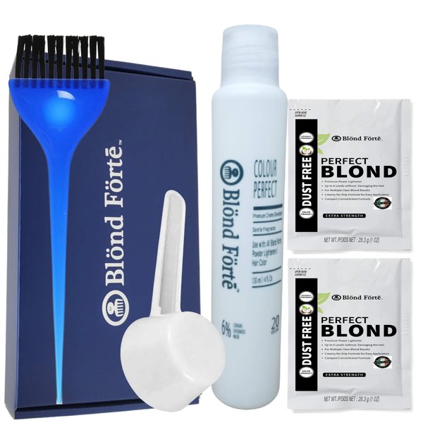 Perfect Blond Hair Dye Toner Lightener Bleaching Powder Kit 120 ml 30 Vol Developer & Brush Glove - By Blond Forte(Blue Lightener)