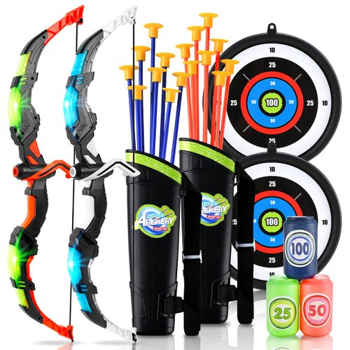 BELLOCHIDDO 2 Set Bow and Arrow for Kids 8-12 - LED Light Up Kids Archery Set with 2 Bow 16 Suction Cup Arrows, 2 Target & 2 Quiver, Indoor & Outdoor Play Toys for 4-7 8-12 Year Old Boys