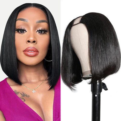 WANTOADE Short Bob Wig U Part Wig Human Hair U Part Bob Wig Brazilian Short Straight U Part Human Hair Bob Wigs for Black Women Natural Black 150% Density 10 inch