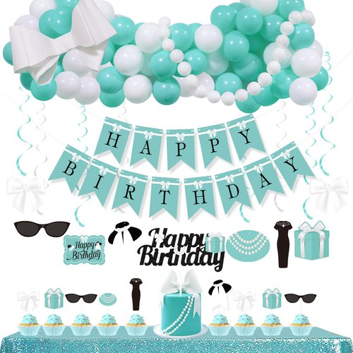 K KUMEED Teal Balloon Garland Kit,Teal Birthday Decorations kit include Turquoise White Balloons Arch Kit Bow,Happy Birthday Banner,Hanging Swirls for Girls Women Baby Shower Birthday Party Supplies