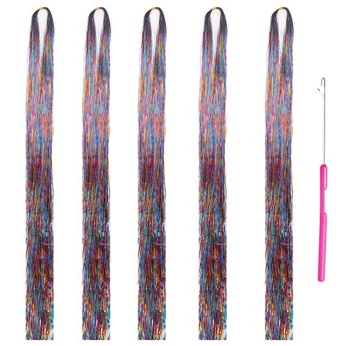 Shining Rainbow Fairy Hair Tinsel 47 Inch 750 Strands Tinsel Hair Extensions, Hair Glitter Extensions, Sparkly Hair Hair Tinsel Strands Kit Fairy For Children Girls Women With Tools (Rainbow)