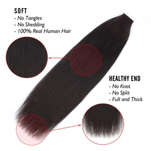 ABH AMAZINGBEAUTY HAIR Tape in Yaki Hair Extensions Human Hair Black Women Semi-permanent Tape Attached, Invisible 100% Remy Yaki Human Hair Natural Black 50 Gram 20pcs, 18 Inch