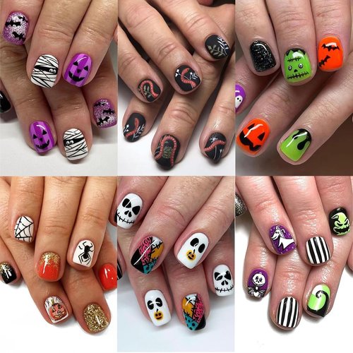 6 Packs (144 PCS) Halloween Square Press on Nails Short HJKDSFD Fake Nails Ghost Pumpkin Snake Design Acrylic Terror False Nails Glossy Full Cover Glue on Nails with Adhesive Tabs Nail File for Women