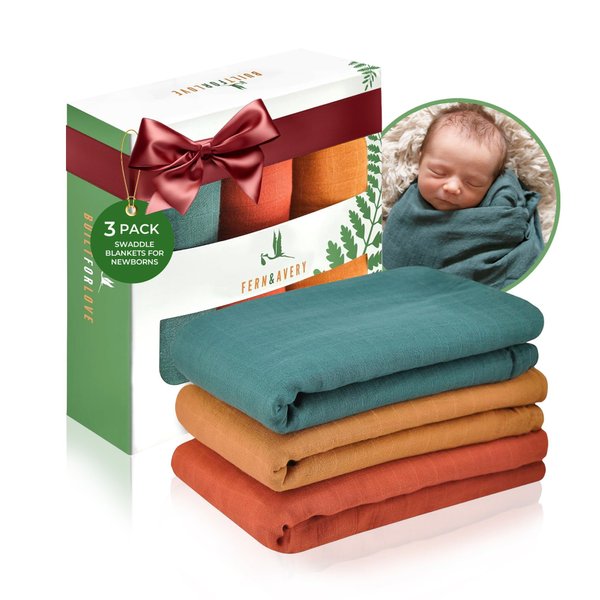 Fern & Avery Muslin Swaddle Blankets - Comfy Receiving Preemie Swaddle Blanket for Boys & Girls - Lightweight Breathable Bamboo Viscose & Cotton - Gender Neutral Receiving Blankets - Forest 3-Pack