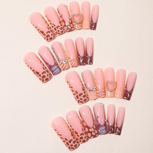 IMRAIN Brown Press on Nails Long Square Fake Nails Rhinestone French Tip False Nails with Pearl Designs Glossy Full Cover Glue on Nails for Women DIY Manicure Decoration 24Pcs