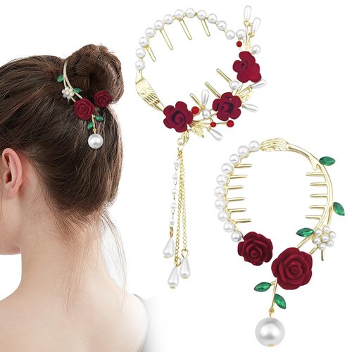 2 Pcs Rose Flower Tassel Ponytail Hair Clips Pearl French Metal Hair Barrettes Vintage High Ponytail Hair Cuff Chinese Decorative Accessories for Bride Women Girls
