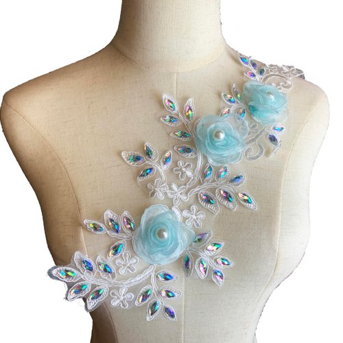 Heyiwell 1Pair Blue Rose Flowers 3D Embroidery Crystal Rhinestones Appliques Lace Patch for Wedding Clothing Accessories 13.7"x 6.3"Inch