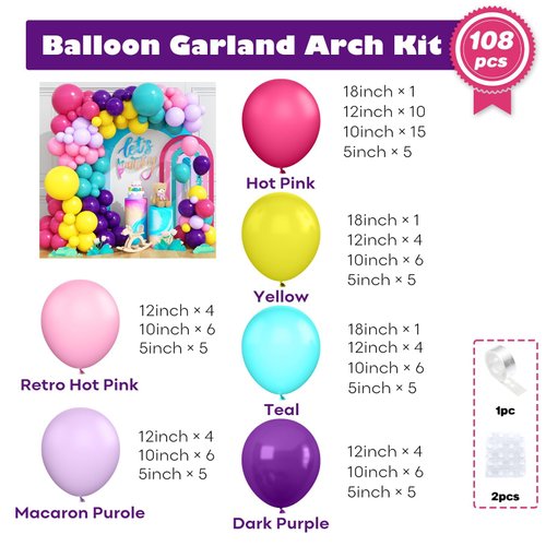 Pink Blue Purple Balloons Arch Kit, 108 Pcs Rainbow Magic Balloons Garland with Hot Pink Teal Balloon Blue Purple Yellow Latex Balloons for Kids Theme Baby Shower Birthday Wedding Party Decoration