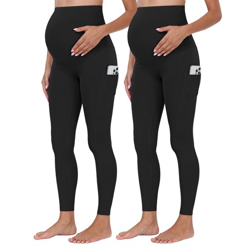 WHOUARE Maternity Leggings Over The Belly with Pockets for Women Pregnancy High Waisted Workout Activewear Yoga Pants 2Black-L