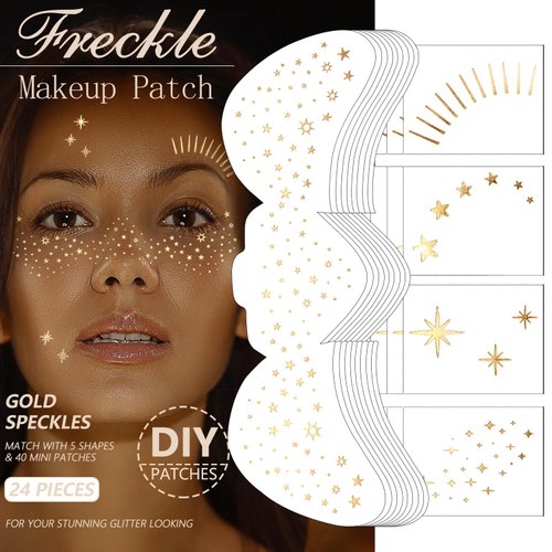 24 Pcs Temporary Tattoos Gold Face Makeup Patches, Glitter Christmas Face Tattoo, Glitter Freckles, Sparkle Makeup Patches, Waterproof Face Glitter Speckles Patches for Women