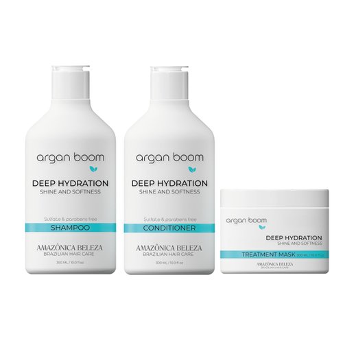 AMAZONICA BELEZA Argan Oil Hair Shampoo, Conditioner and Mask for Intense Moisturizing (10.1 Oz/each) | Hydrate & Repair Kit for Dry Hair | Kit Hidratante con Oleo de Argan y Vitamina E