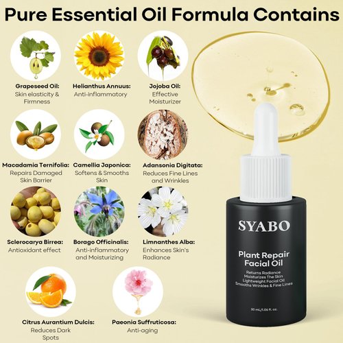 Natural Plant Derived Facial Oil - 100% Organic Anti Aging Facial Seed Oil with Grapeseed, Jojoba Oil, Vitamin E Oil, Daily Facial Oil Hydrating Moisturizer for All Skin Types