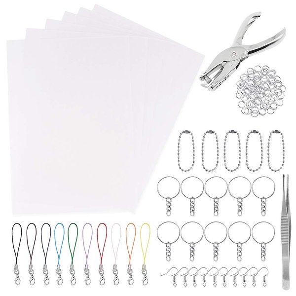 Benvo 157 Pcs Heat Shrink Plastic Sheet Kit Shrinky Art Film Paper 20 Pcs with 135 Pcs Keychains Accessory Ear Hooks Chain Beads Lobster Clasps and Hole Punch, Tweezer for Creative DIY Handmade Craft