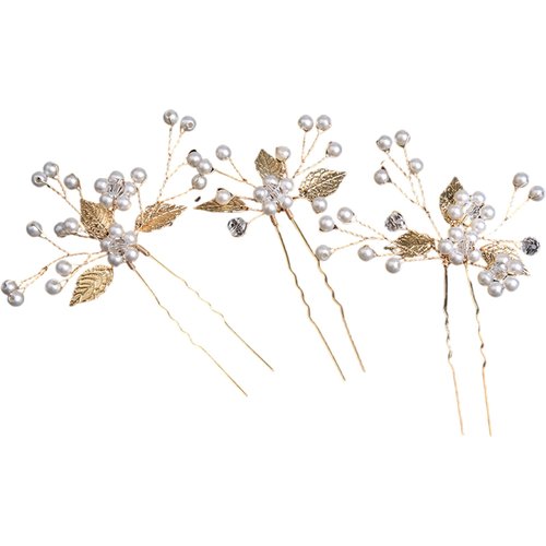 Pearl Hair Pins for Wedding, Bridesmaids, Flower Girl Head Piece Hair Clips, White Crystal Pearls and Gold Leaf Hair accessories for Women and Girls, Christmas Gift (3PCS Different Flowers)