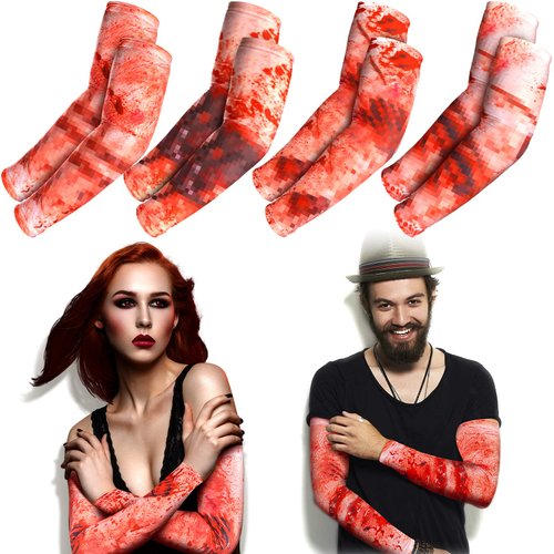 Eurzom 4 Pairs Zombie Bite Party Sleeves Halloween Temporary Tattoo Sleeves Set Fake Tattoos Arm Sleeves for Women Scar Sun Sleeves for Men Tattoo Sleeve Covers