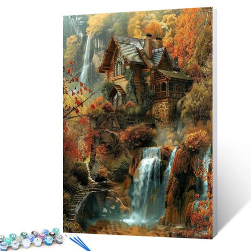 Autumn Waterfall Paint by Numbers Kits with Brushes and Acrylic Pigment on Canvas Painting for Adults Beginner Tropical Autumn Forest,Castle Pictures Arts Craft Home Decor16''x20'' Gift(DIY Framed)