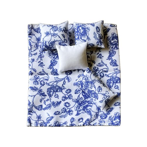 Inusitus Dollhouse Bedding, 5 Piece Set with Comforter & Pillows, Blanket, Realistic Bedroom Accessories for 6 inch Dolls, 1/12 Scale, Blue Flowers and White Cover