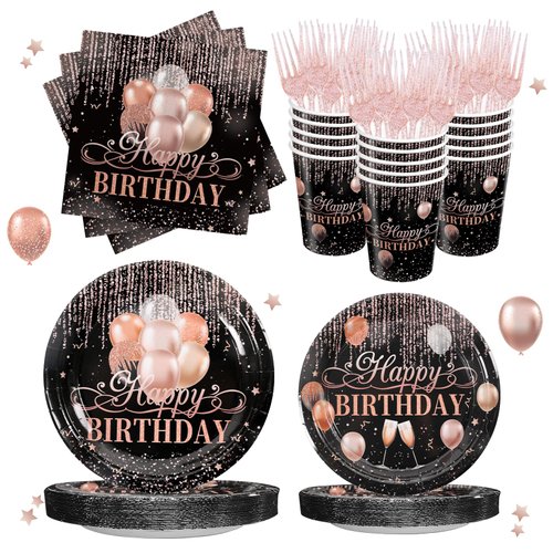 120Pcs Rose Gold Birthday Plate Napkins Party Supplies Women Girls Pink Rose Gold Glitter Happy Birthday Party Paper Disposable Tableware Set for 24 Guests