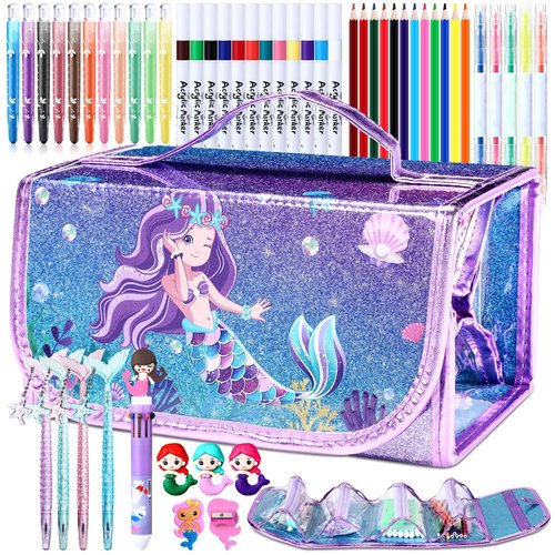 Pasimy Mermaid Art Craft Kit for Coloring Set, 106 Pcs Markers Set with Mermaid Pencil Case, Crayons, Gel Pens, Stickers, Drawing Set Mermaid Art Supplies Kit Birthday Gifts for 3-12 Years