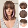 Tumhorn Short Straight Brown Wigs Synthetic Pink Highlights Bob Wigs for Women Heat Resistant Natural Looking Wig with Bangs